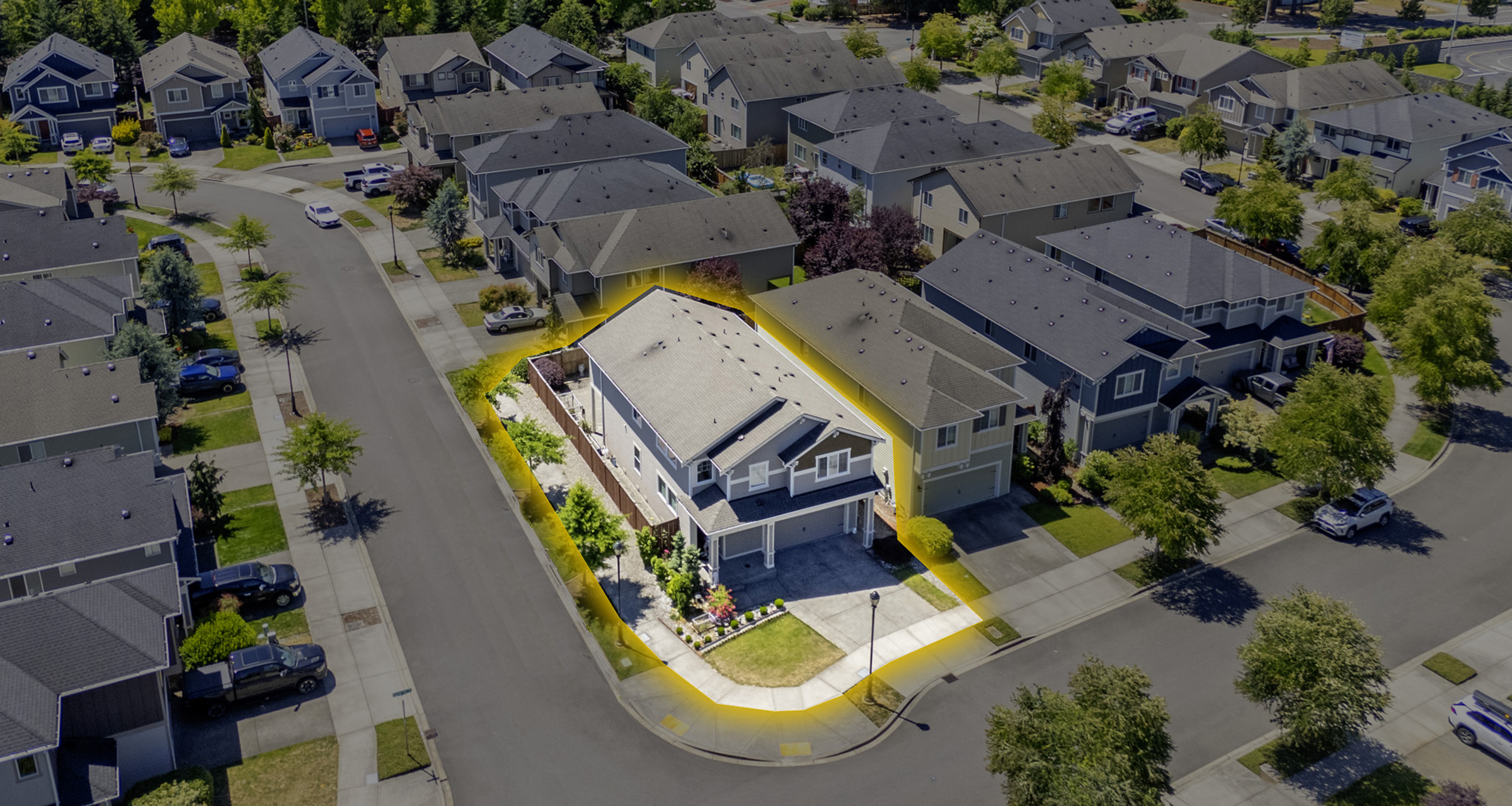 Aerial view of home and neighborhood