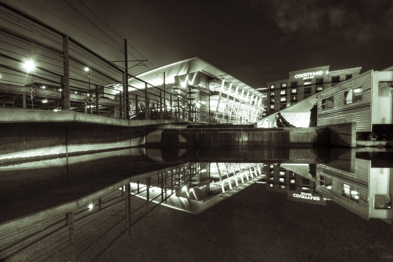 polar plaza, black and white, downtown, reflection