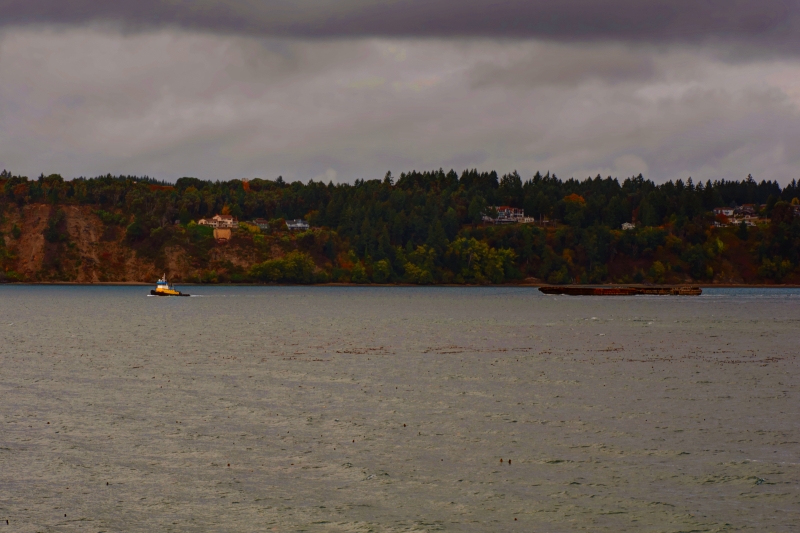 tug boat, narrows passage, puget sound, autumn
