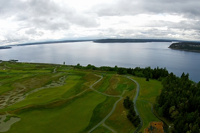 aerial, chambers bay, golf, course, puget sound, gig harbor, fox island