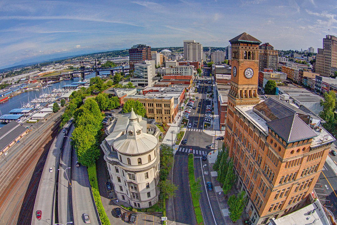 aerial, tacoma, pacific ave, clocktower, downtown